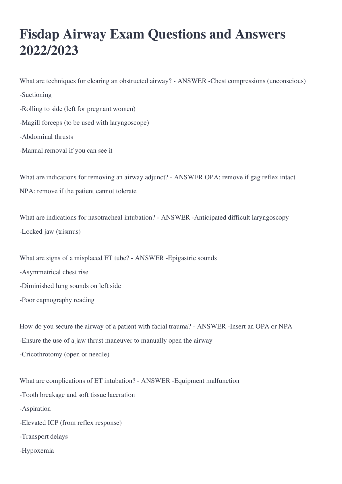 Preview image for Fisdap Airway Exam Questions and Answers 2022/2023
